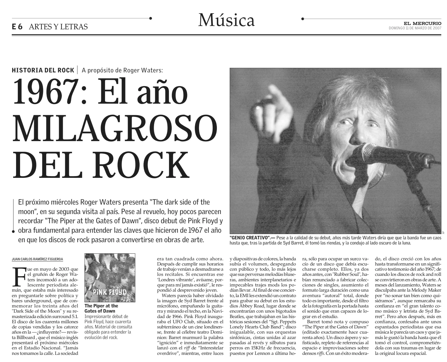 Página del suplemento Artes y Letras con el titular '1967: El año milagroso del rock' y una foto de Roger Waters en vivo