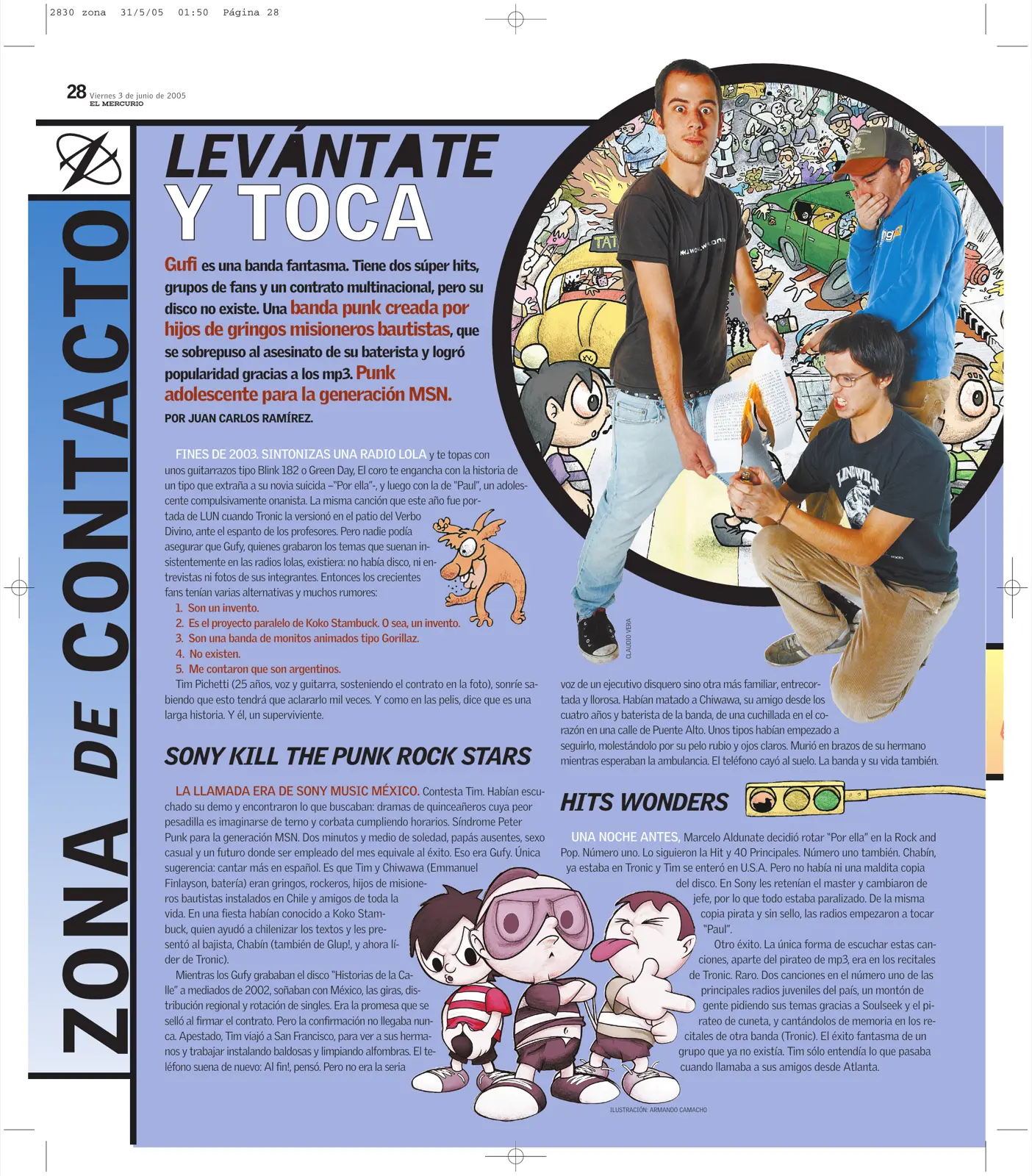 Página del suplemento Zona de Contacto con el titular 'Levántate y toca' e ilustraciones de los integrantes de Gufi