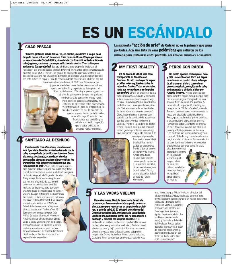Página del suplemento Zona de Contacto con el titular 'Es un escándalo' y fotografías de las cinco polémicas de arte reseñadas
