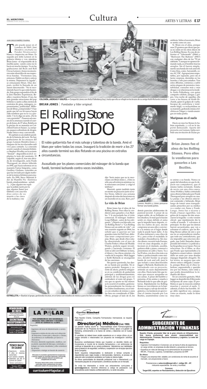 Página del suplemento Artes y Letras con el titular 'El Rolling Stone Perdido' y una fotografía de un joven Brian Jones