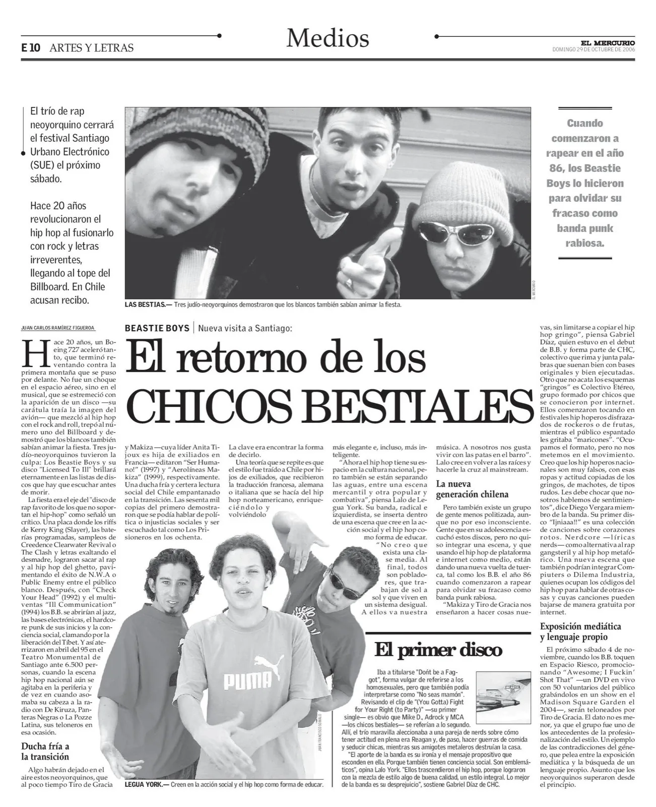 Página del suplemento Artes y Letras de El Mercurio con el titular 'El retorno de los Chicos Bestiales' y fotos en blanco y negro de los Beastie Boys y de la banda chilena Legua York