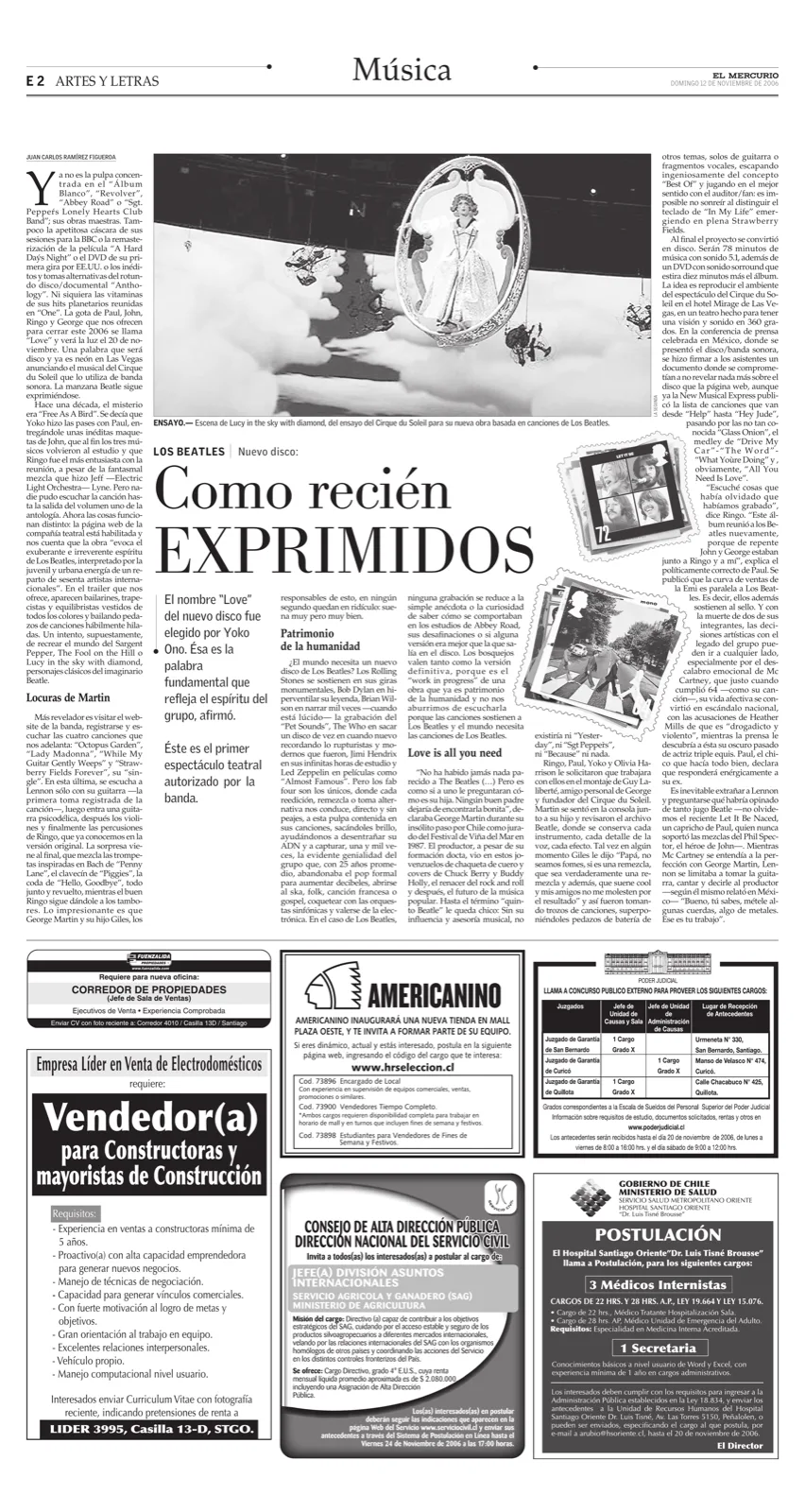 Página del suplemento Artes y Letras de El Mercurio con el titular 'The Beatles: como recién exprimidos' y una foto del montaje del Cirque du Soleil basado en sus canciones