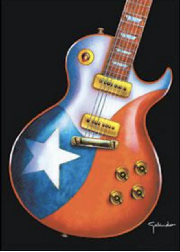 Ilustración de una guitarra eléctrica pintada con los colores de la bandera chilena