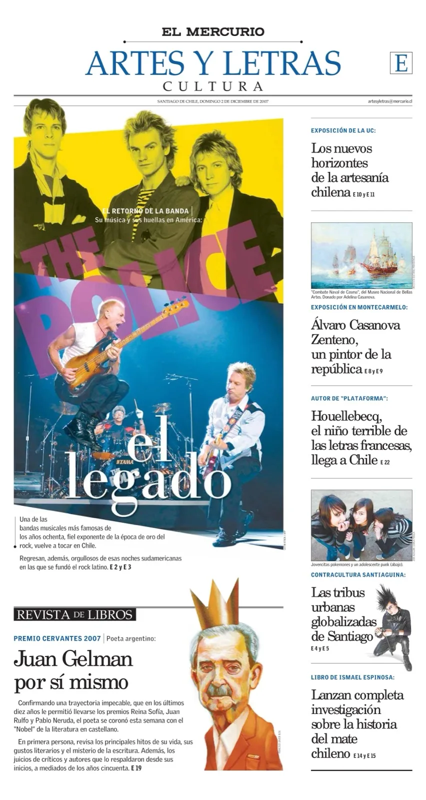 Portada del suplemento Artes y Letras de El Mercurio dedicada a The Police, con una foto de la banda ochentera y otra de Sting saltando en un concierto reciente, bajo el título 'El legado'