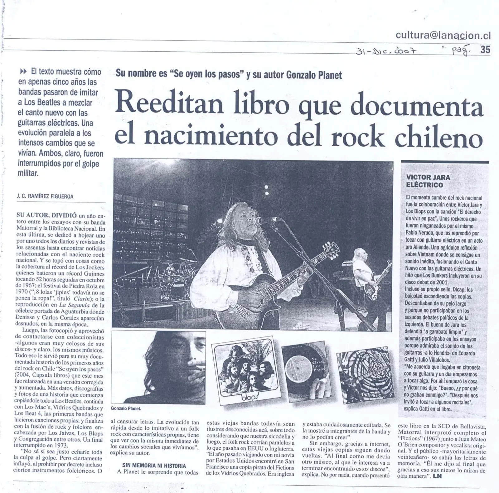 Página de La Nación con el título 'Reeditan libro que documenta el nacimiento del rock chileno' y una foto en blanco y negro de Gonzalo Planet cantando en vivo con su banda Matorral