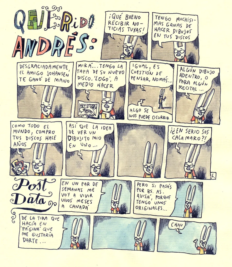 Historieta manuscrita de Liniers en forma de carta a Andrés Calamaro, con su personaje de orejas largas hablando en varias viñetas sobre hacer los dibujos de un disco