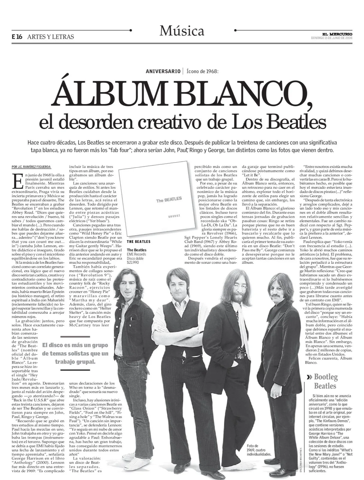 Página del suplemento Artes y Letras de El Mercurio con el titular 'Álbum Blanco, el desorden creativo de Los Beatles' y una foto en blanco y negro de John, Paul, George y Ringo en 1969