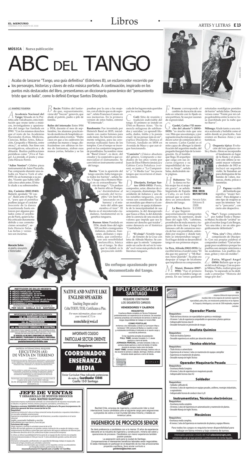 Página del suplemento Artes y Letras de El Mercurio con el titular 'ABC del tango' y dos fotos en blanco y negro de parejas bailando tango