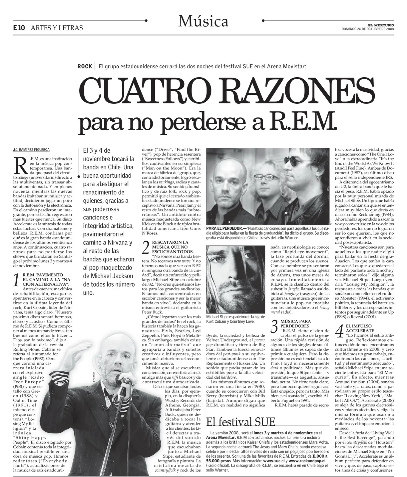 Página del suplemento Artes y Letras de El Mercurio con el titular 'Cuatro razones para no perderse a R.E.M.', una foto del trío y otra de Michael Stipe cantando en vivo