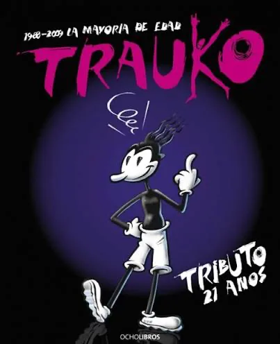 Portada del libro 'Trauko. La mayoría de edad. Tributo 21 años' (Ocho Libros), con el personaje del duende Trauko en fondo negro y violeta