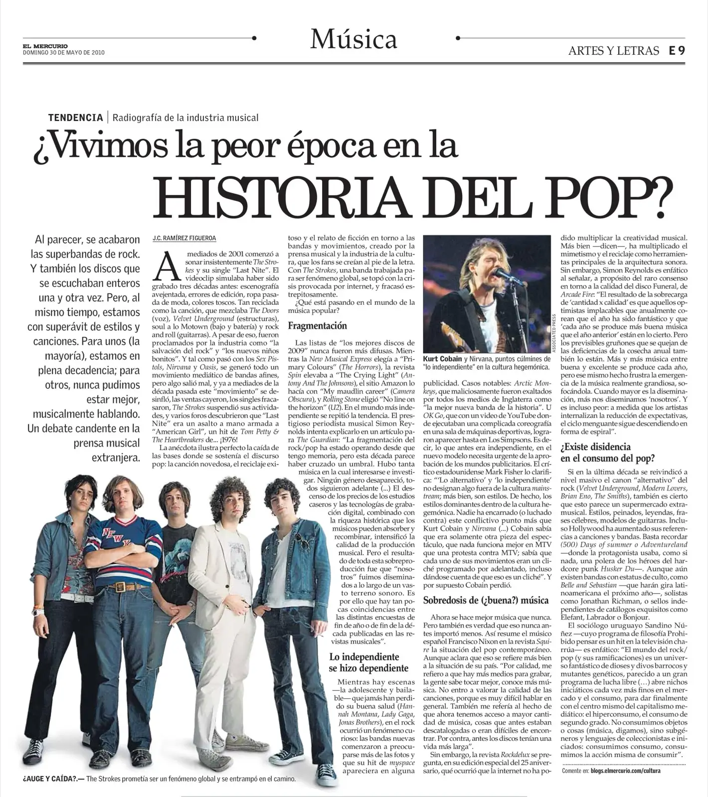 Página del suplemento Artes y Letras de El Mercurio con el titular '¿Vivimos la peor época en la historia del pop?' y una foto de The Strokes de cuerpo entero