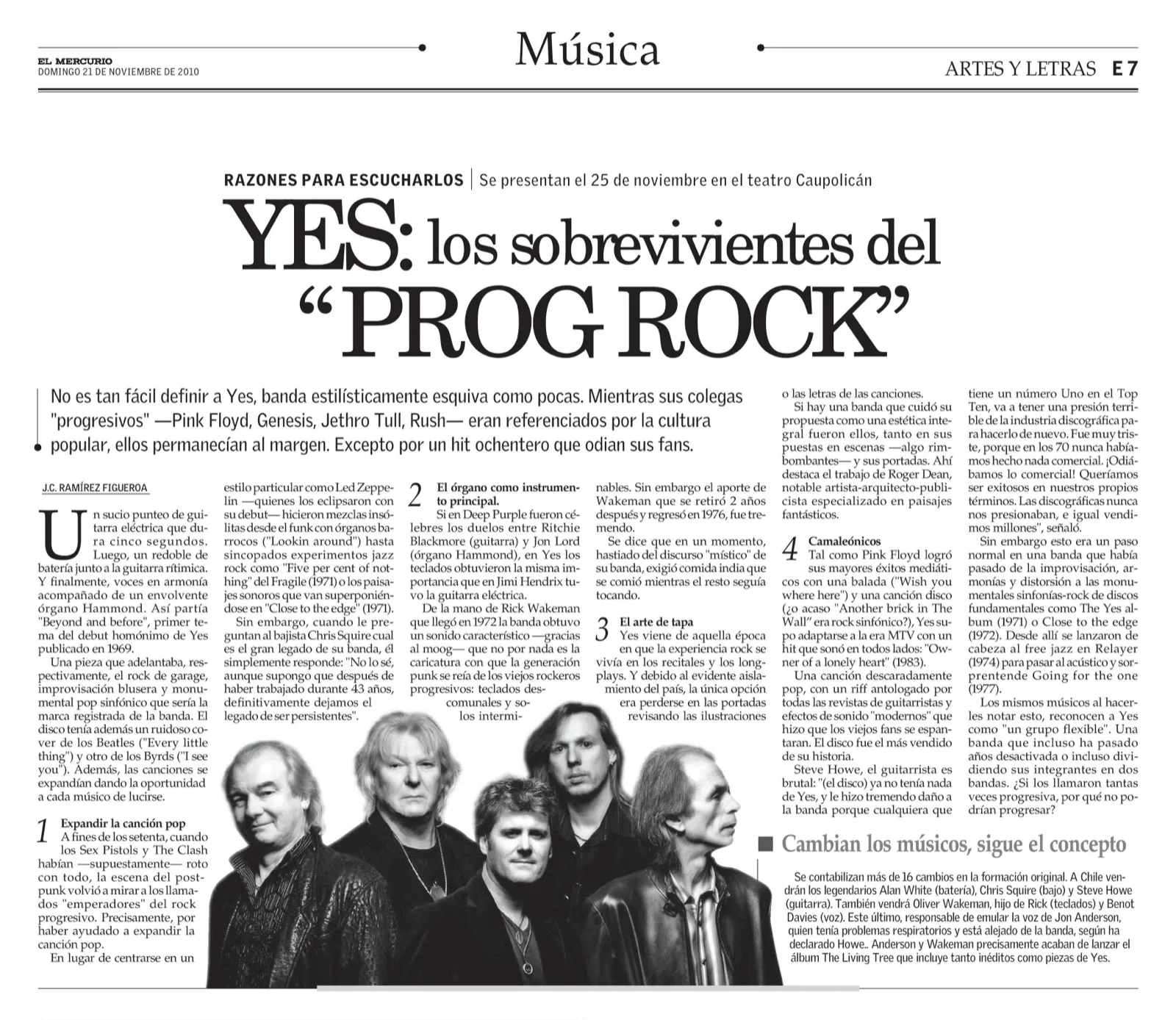 Página del suplemento Artes y Letras de El Mercurio con el titular sobre Yes y una foto en blanco y negro de los cinco integrantes de la banda