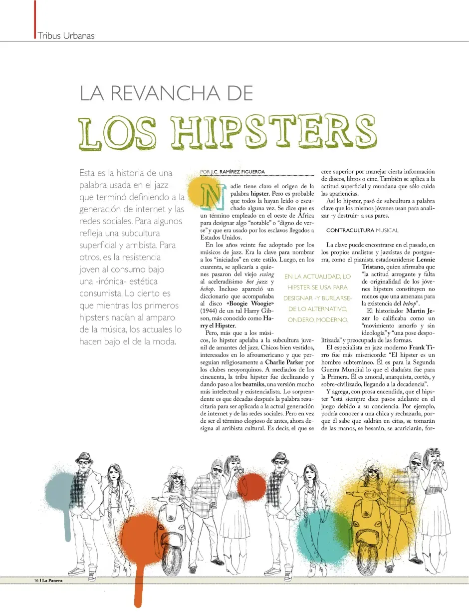 Primera página del reportaje 'La revancha de los hipsters' en la revista La Panera, con una ilustración a lápiz de un grupo de jóvenes con lentes de marco grueso y vespas