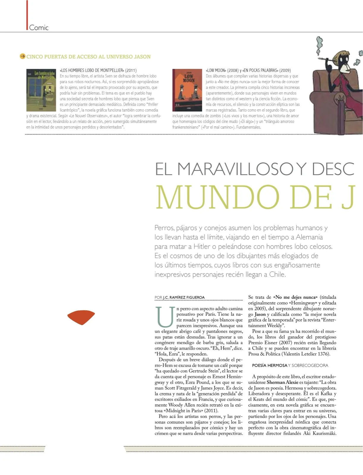 Primera página del reportaje sobre el dibujante Jason en la revista La Panera, con una ilustración de su personaje-perro fumando en un sillón