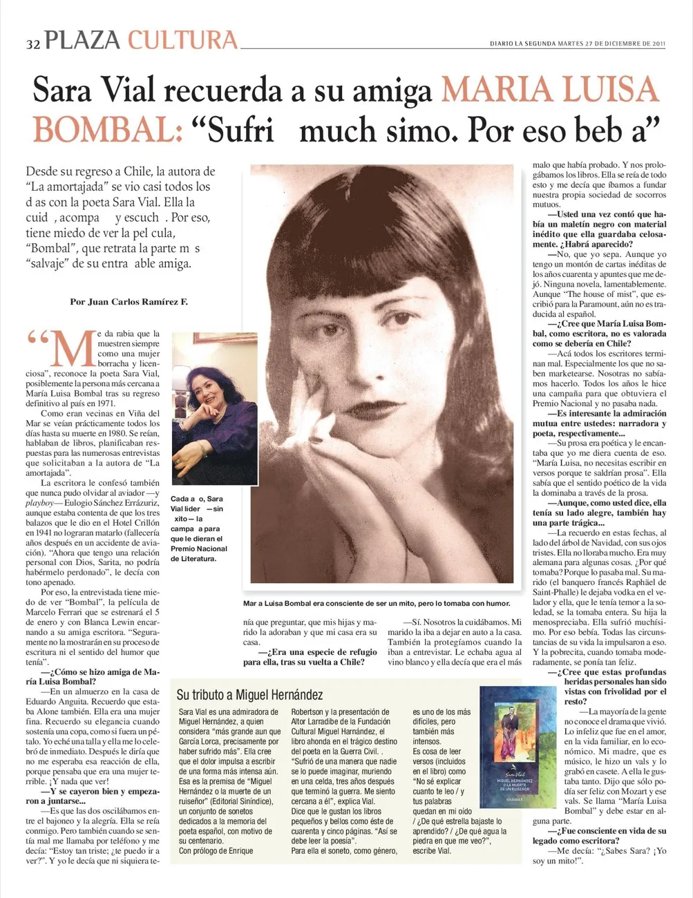 Página de Plaza Cultura, del diario La Segunda, con un retrato de María Luisa Bombal joven y una foto pequeña de la poeta Sara Vial