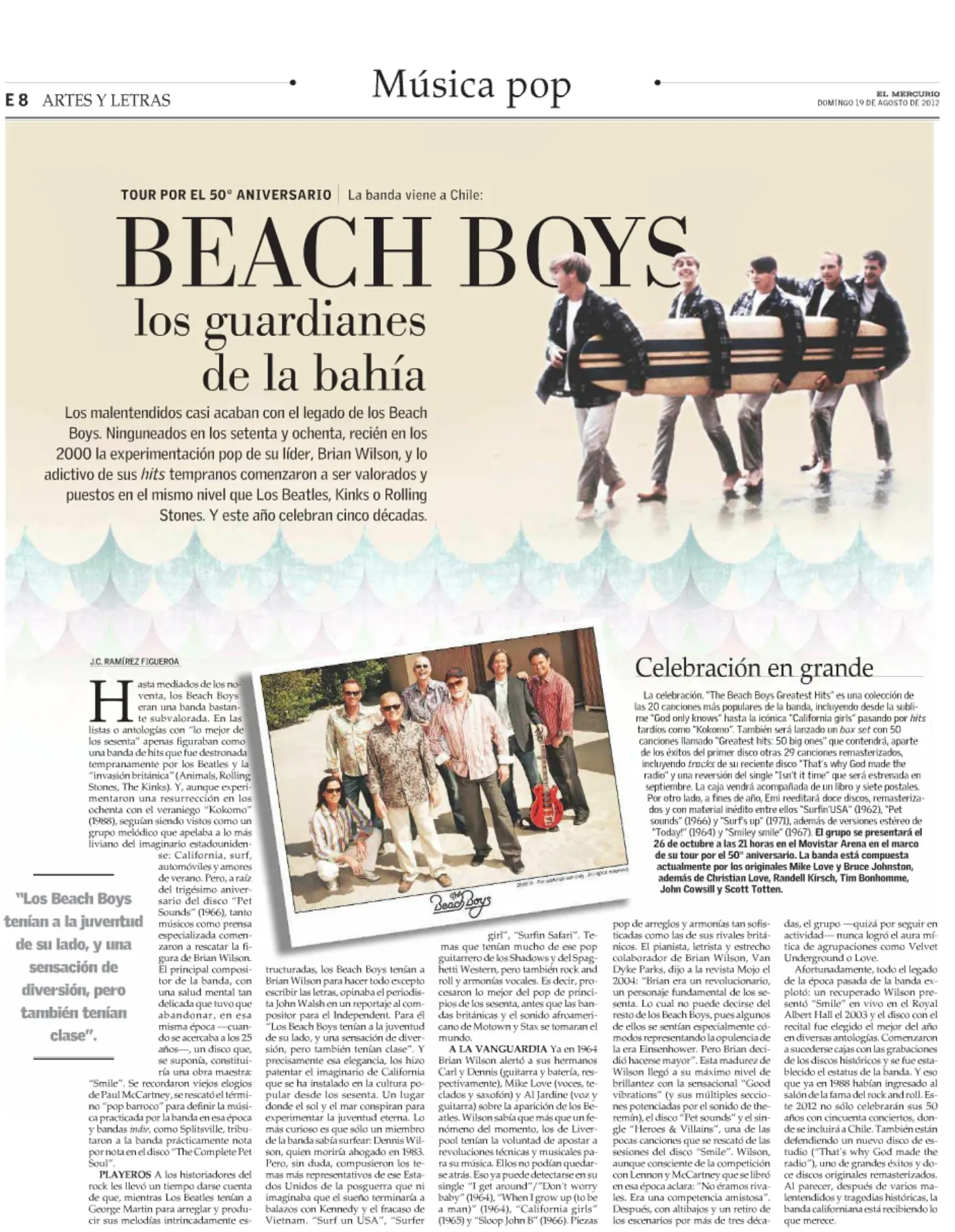 Recorte de Artes y Letras de El Mercurio con el titular 'Beach Boys: los guardianes de la bahía' y una foto de la banda caminando por la playa con una tabla de surf