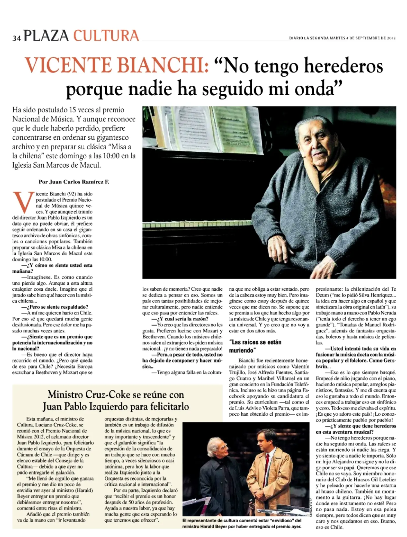 Página de Plaza Cultura, del diario La Segunda, con el titular 'Vicente Bianchi: No tengo herederos porque nadie ha seguido mi onda' y un retrato del compositor de 92 años sentado junto a un piano