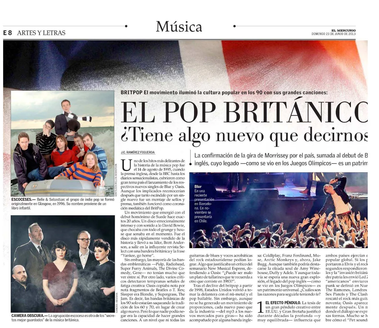 Página de Artes y Letras, El Mercurio, con el titular 'El pop británico' y fotos de Belle and Sebastian y Camera Obscura