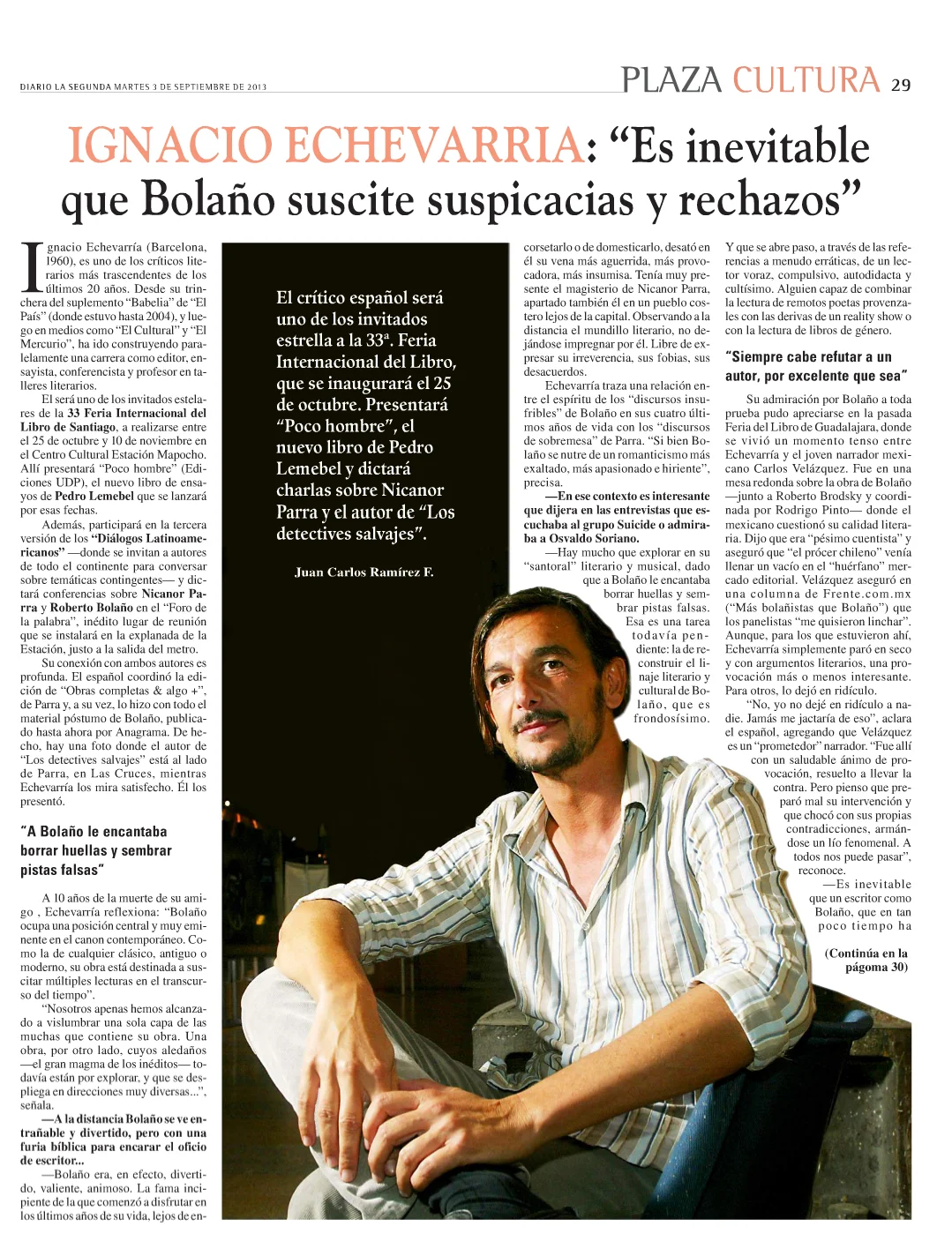 Página de Plaza Cultura, del diario La Segunda, con el titular 'Ignacio Echevarría: Es inevitable que Bolaño suscite suspicacias y rechazos' y un retrato del crítico literario