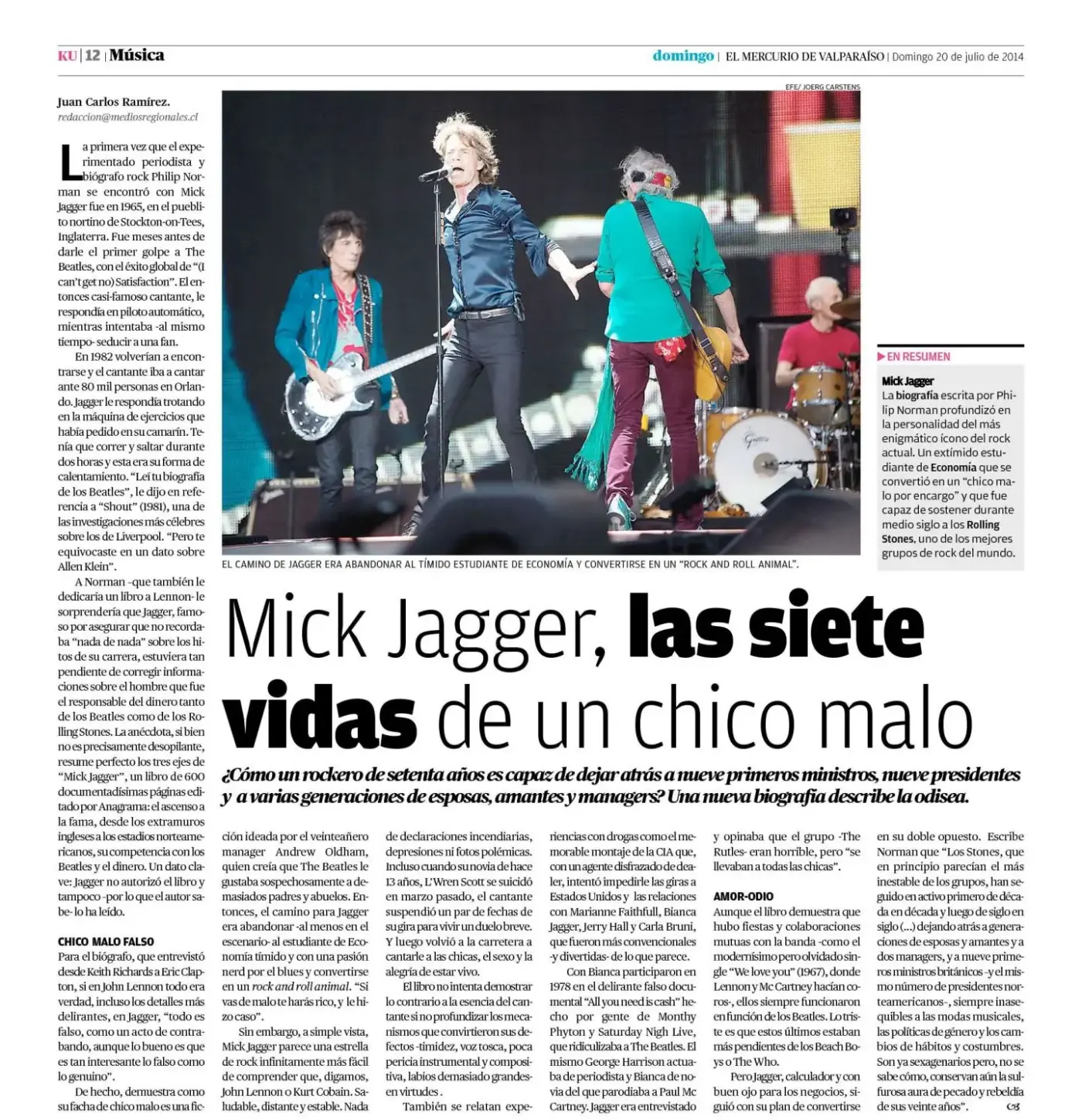 Página del suplemento KU, El Mercurio de Valparaíso, con el reportaje 'Mick Jagger, las siete vidas de un chico malo' y una foto de los Rolling Stones en vivo