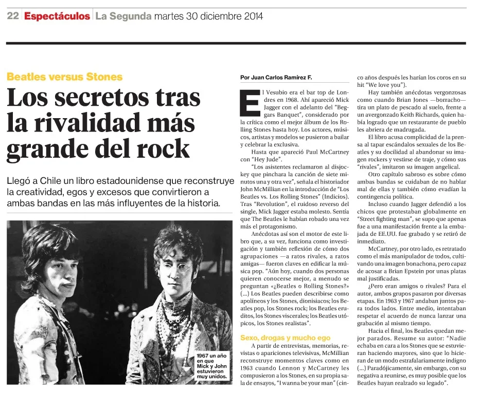 Página de Espectáculos de La Segunda con el titular 'Los secretos tras la rivalidad más grande del rock' y una foto en blanco y negro de Mick Jagger y John Lennon juntos en 1967