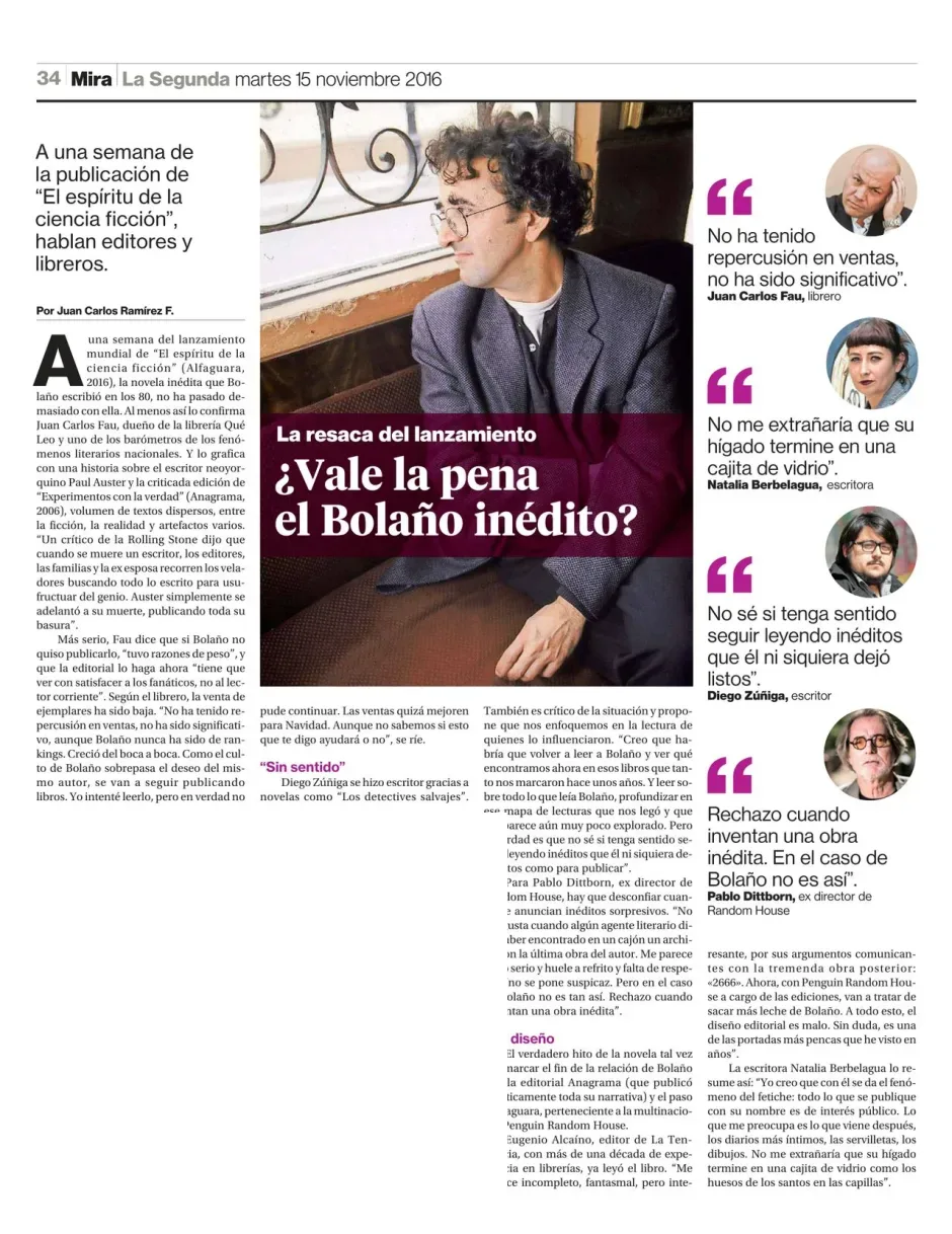 Página de la sección Mira de La Segunda con un retrato de Roberto Bolaño sentado y el titular '¿Vale la pena el Bolaño inédito?'