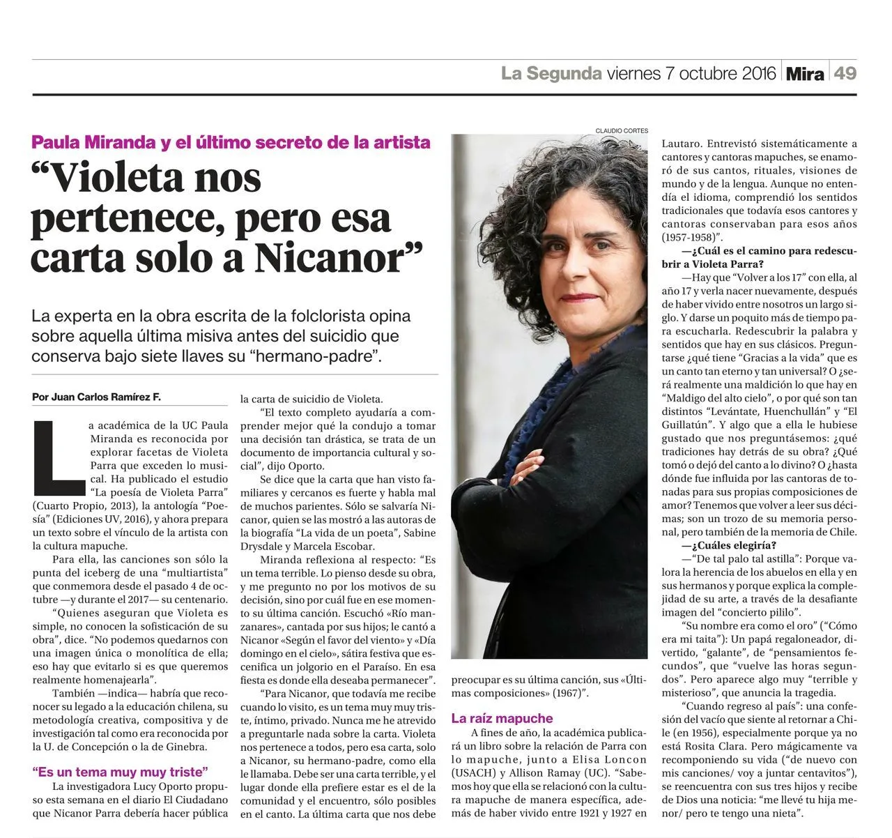 Página de la sección Mira de La Segunda con un retrato de la académica Paula Miranda de brazos cruzados y el titular 'Violeta nos pertenece, pero esa carta solo a Nicanor'