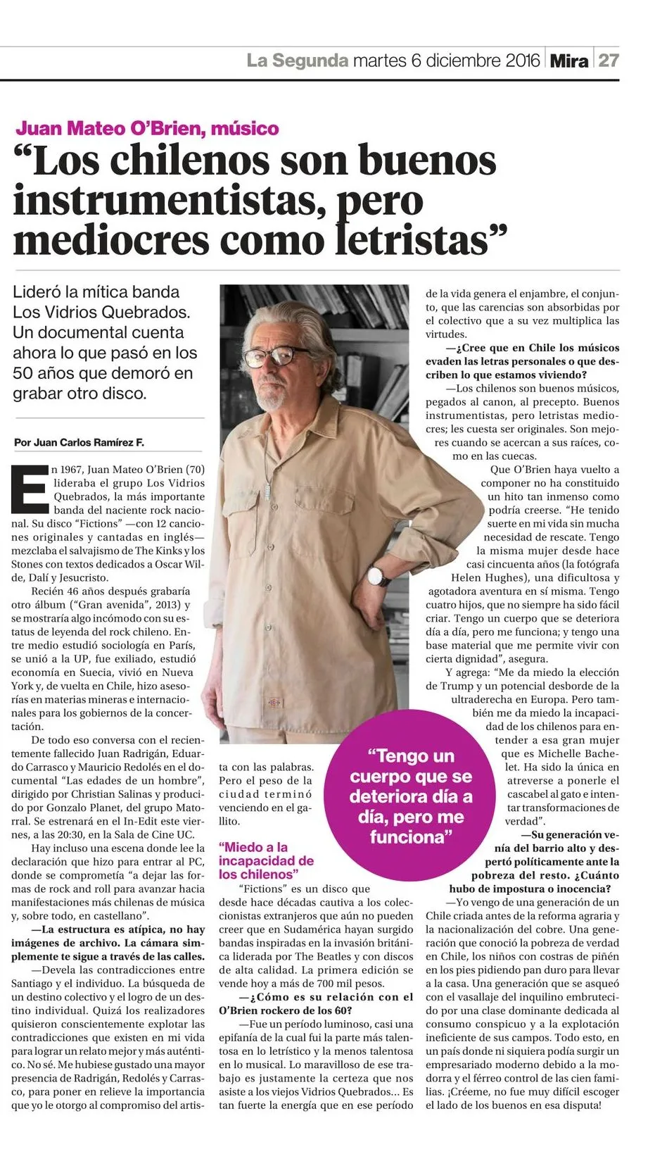 Página de la sección Mira de La Segunda con un retrato de Juan Mateo O'Brien de pie frente a una biblioteca y el titular 'Los chilenos son buenos instrumentistas, pero mediocres como letristas'