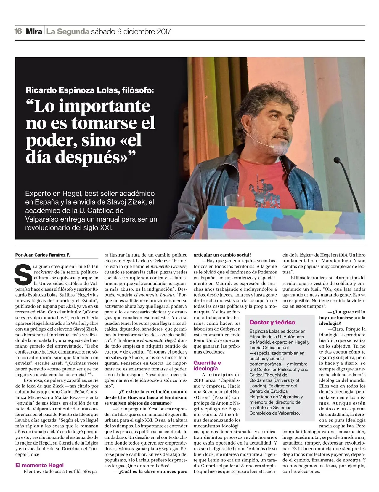 Página de la sección Mira de La Segunda con un retrato del filósofo Ricardo Espinoza Lolas hablando en un podio y el titular 'Lo importante no es tomarse el poder, sino el día después'