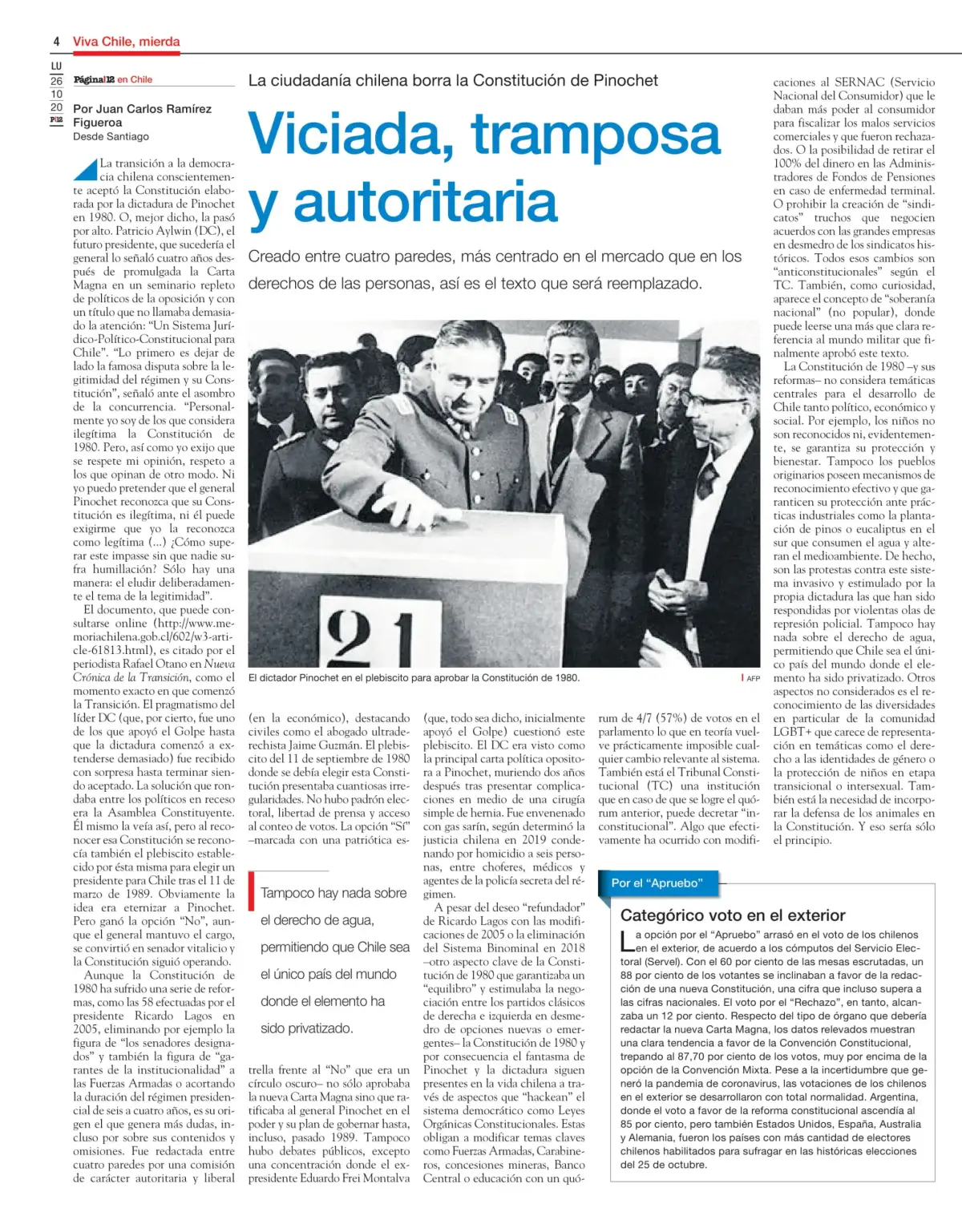 Página de Página/12 con el titular "Viciada, tramposa y autoritaria" y una foto de Pinochet votando en el plebiscito de 1980