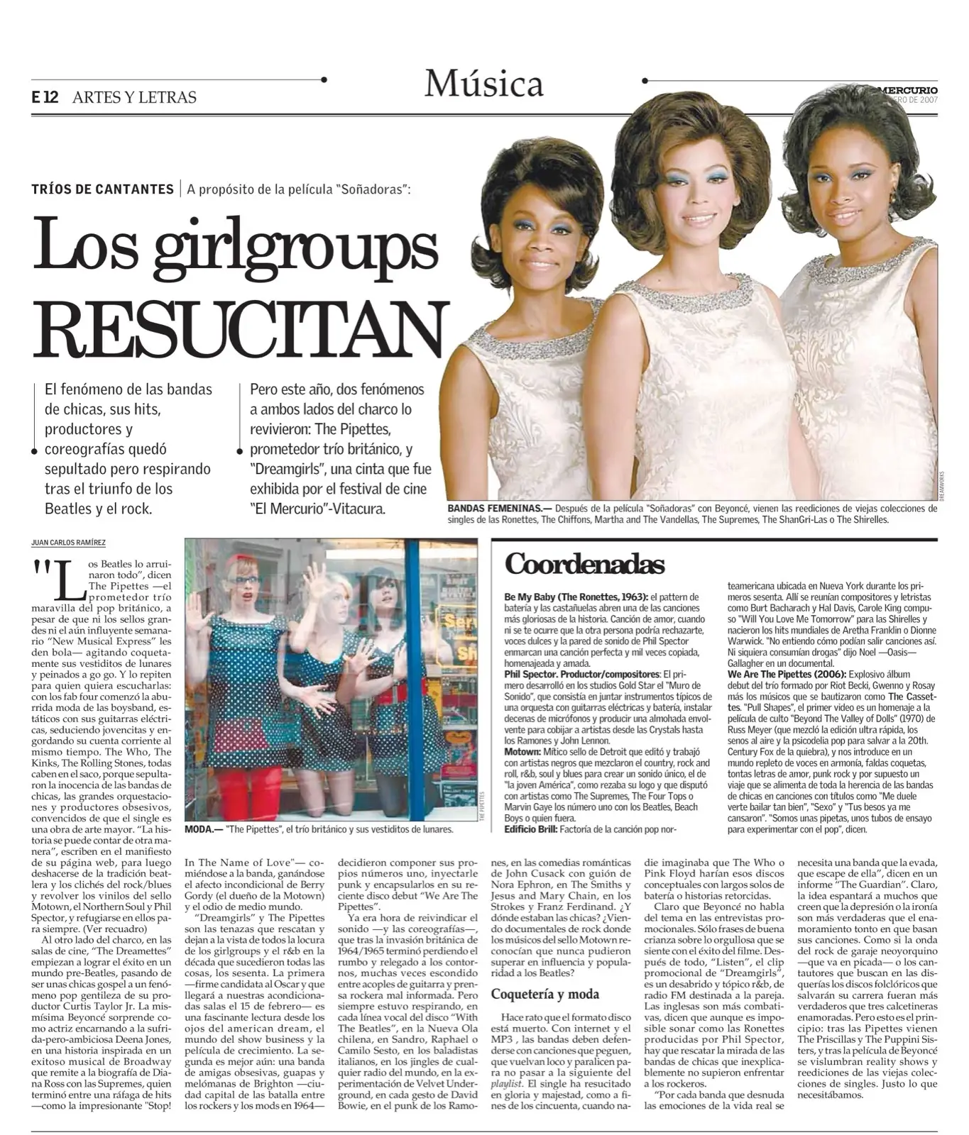 Página del suplemento Artes y Letras con el titular 'Los girlgroups RESUCITAN' y una foto de las protagonistas de Dreamgirls